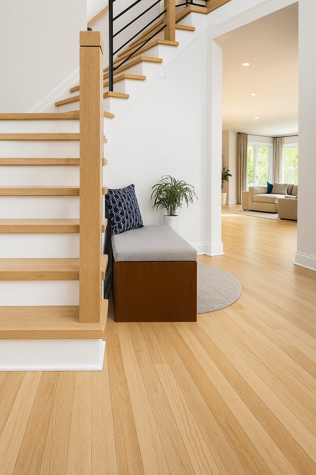 Wide-plank light oak hardwood flooring installed through open-concept foyer and living area in Charlotte NC